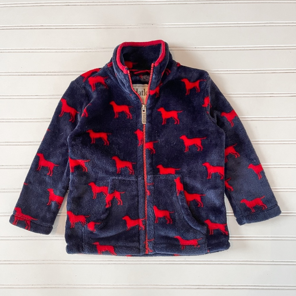 HATLEY EUC/LN Navy Plush Fleece Dog Print Full Zip Jacket